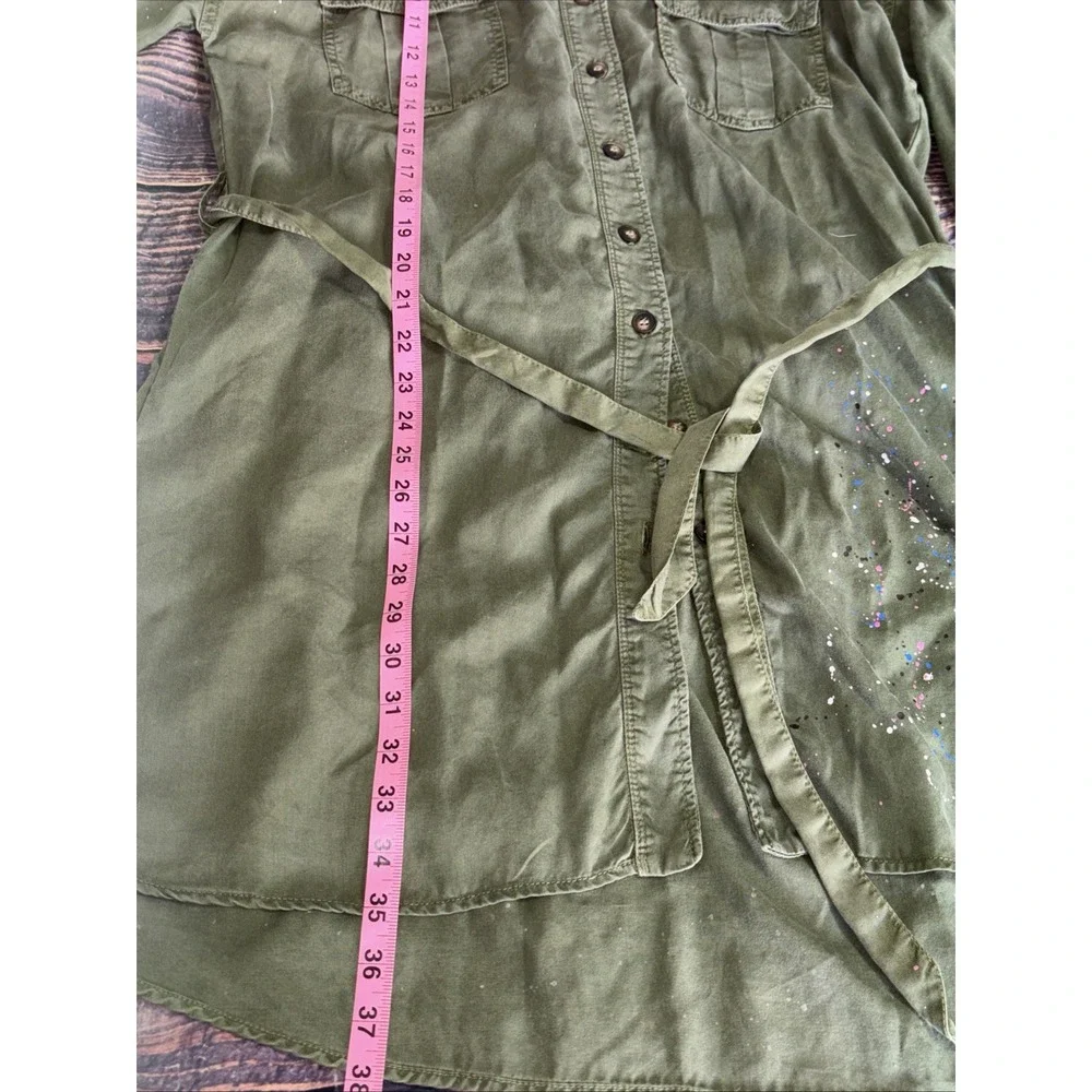 Zara Utility Jacket Dress Size L Green Paint Splatter Button Pockets Military - Picture 7 of 8
